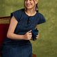 Navy Plaid Design Cotton Dress. Elegant Navy Plaid Designed Dress With Capped Sleeves For Sophistication