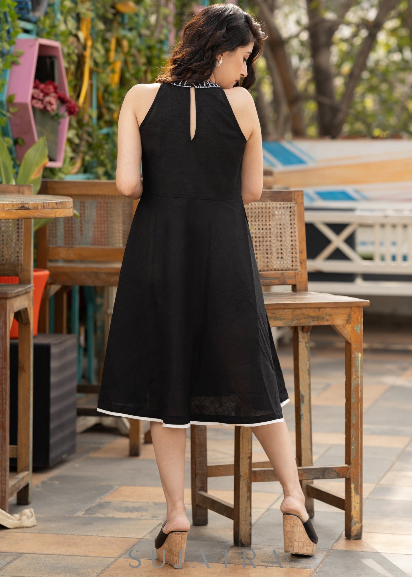 Elegant black cotton halter neck dress with embroidered neckline