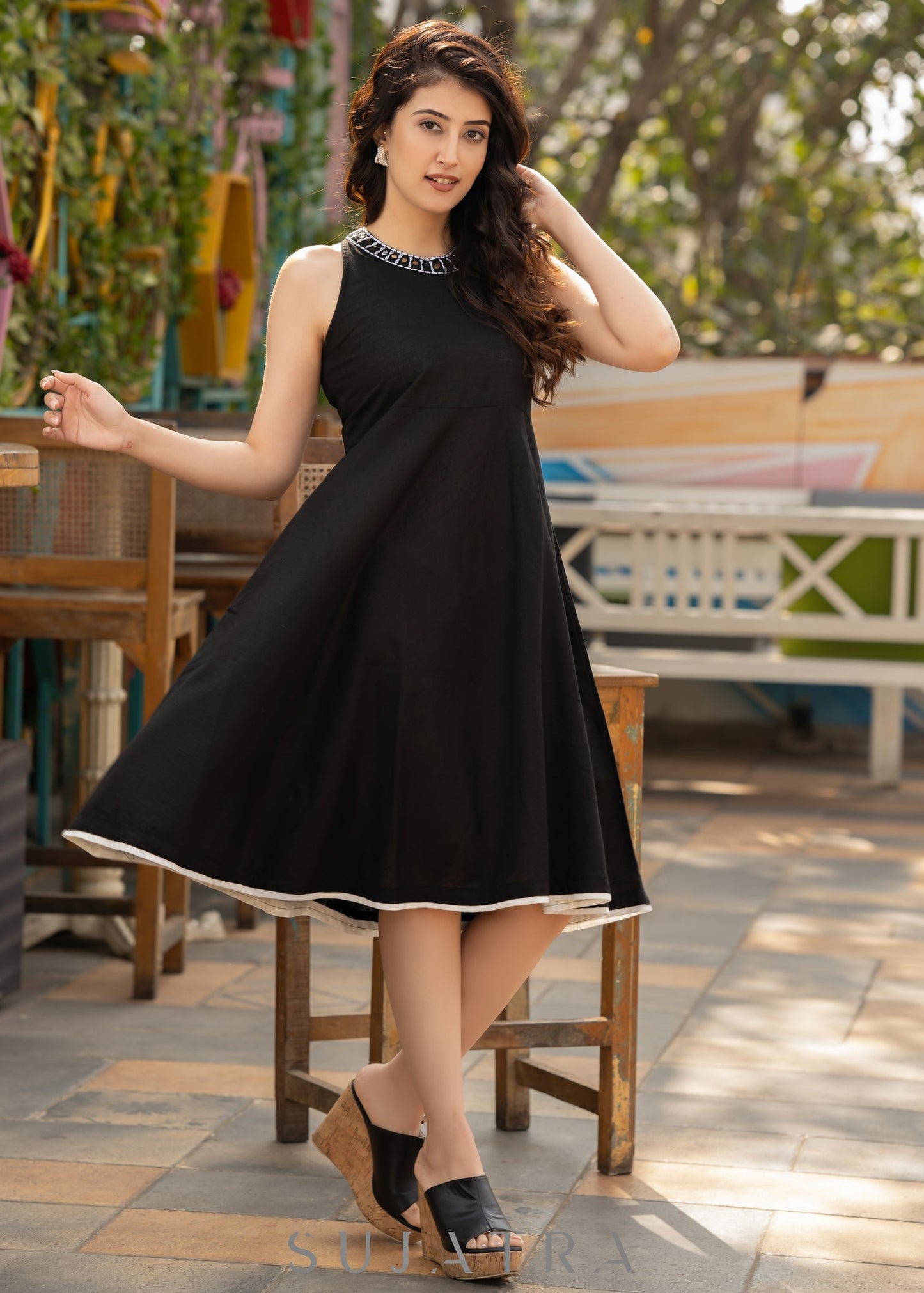 Elegant black cotton halter neck dress with embroidered neckline