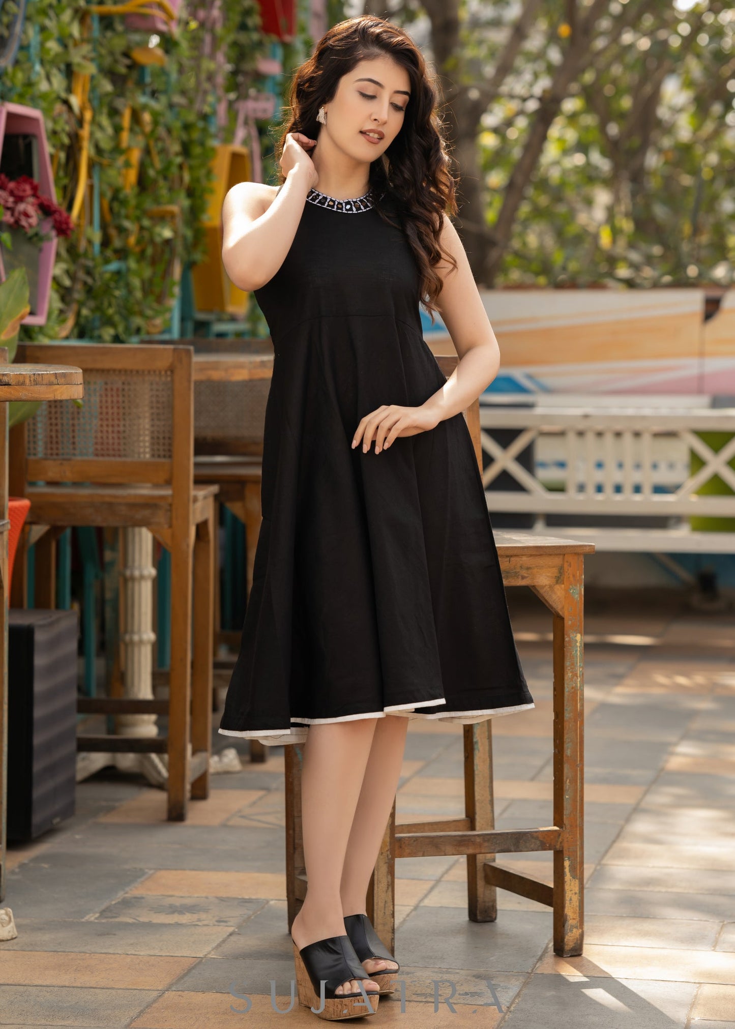 Elegant black cotton halter neck dress with embroidered neckline