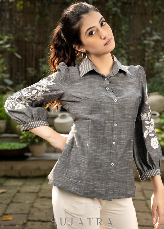 Sassy Grey Textured Cotton Shirt Highlighted with Beautiful Floral Embroidery on Sleeves and Collar