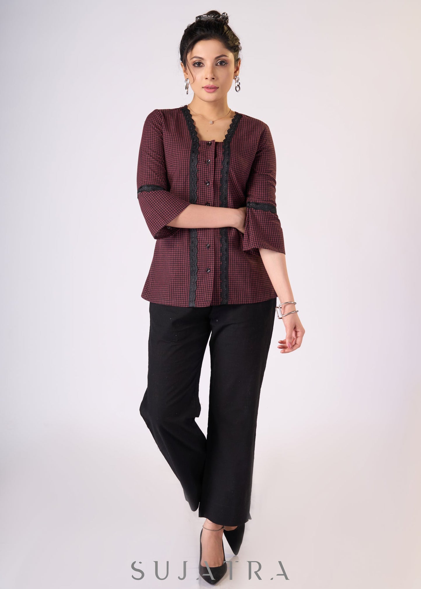 Black & Red checks Cotton top with black lace detaling - Pant Additional