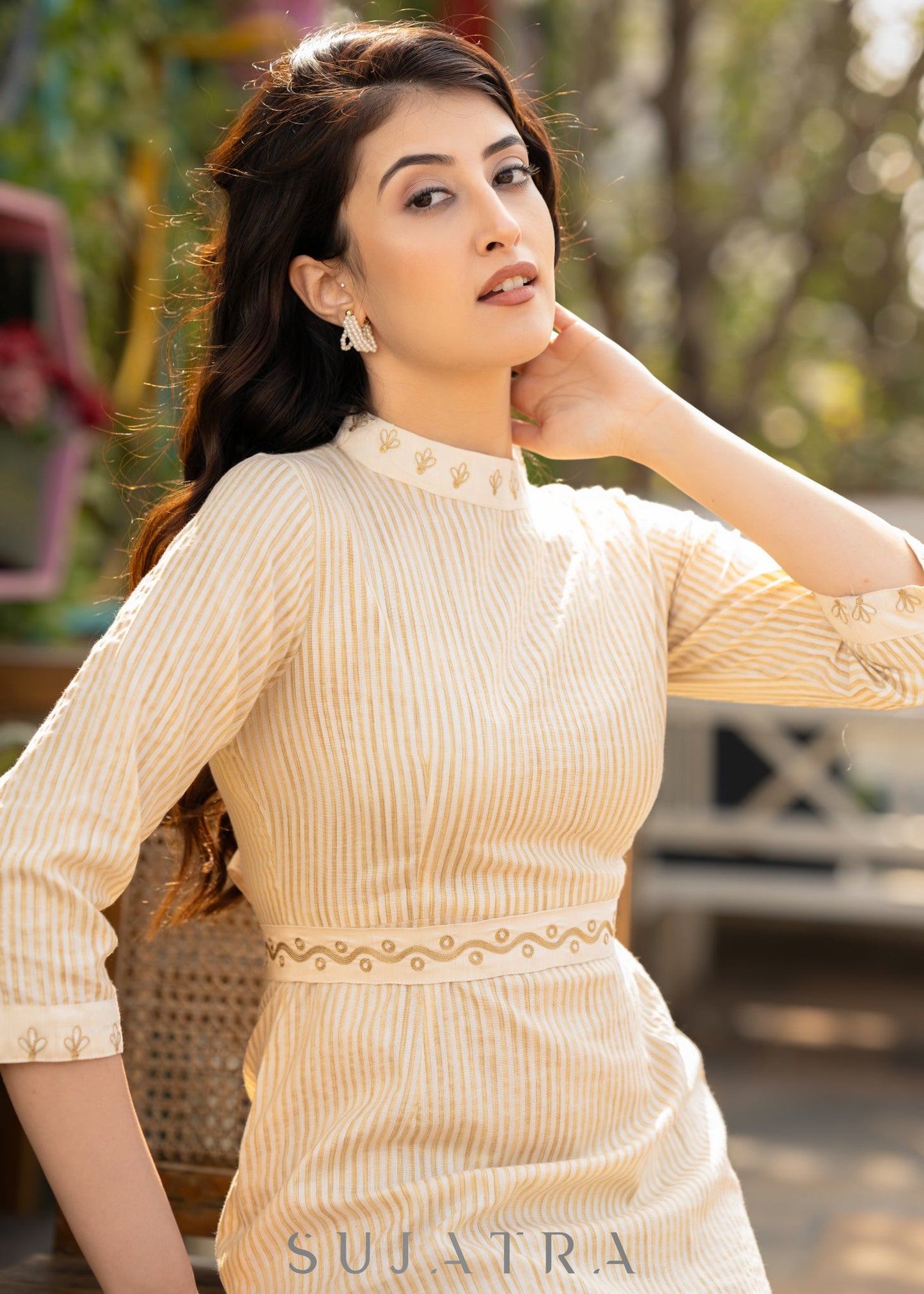 Elegant striped dress with gold embroidery & belt