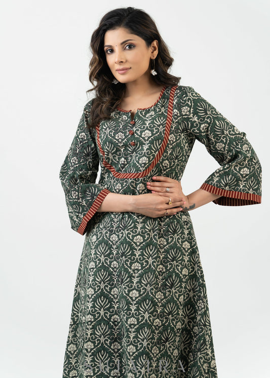 Stylish Green Block Printed Cotton Kurta - Pant Optional