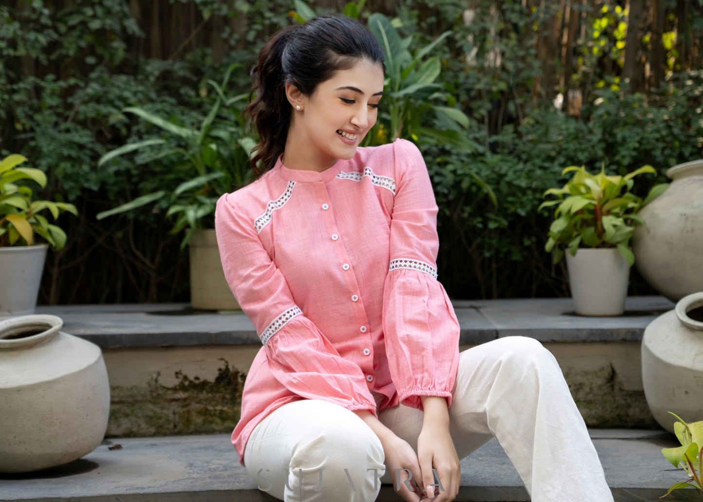 Sweet Pink Cotton Shirt with Mandarin Collar Highlighted with Beautiful Lace