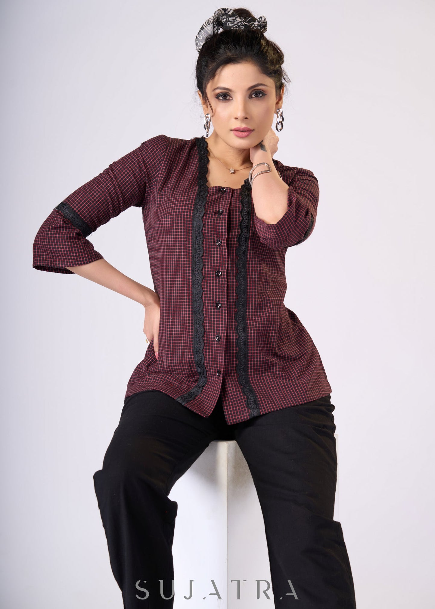 Black & Red checks Cotton top with black lace detaling - Pant Additional