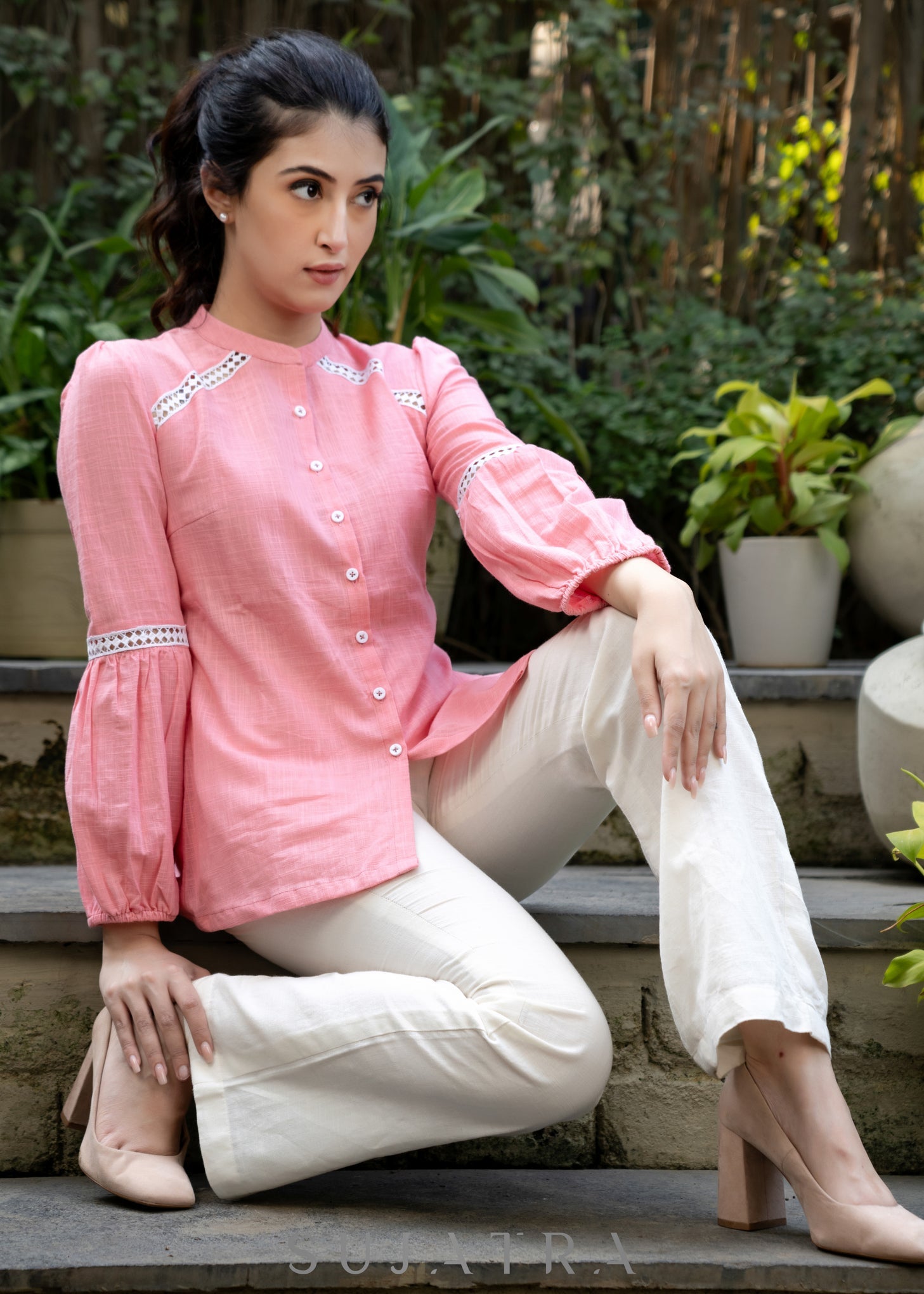 Sweet Pink Cotton Shirt with Mandarin Collar Highlighted with Beautiful Lace