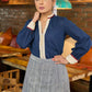 Trendy Navy blue mandarin collar shirt with offwhite detailing - Skirt optional