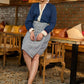 Trendy Navy blue mandarin collar shirt with offwhite detailing - Skirt optional