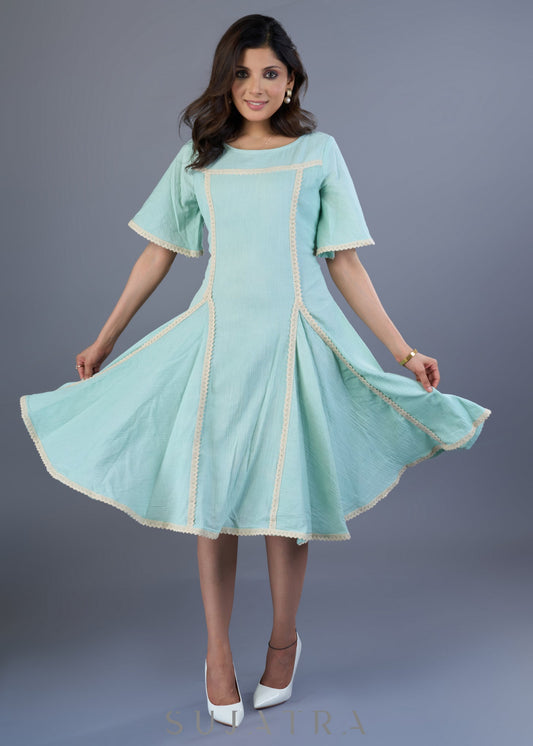 Cooling Ice Blue Cotton Crepe Dress With Lace Highlight