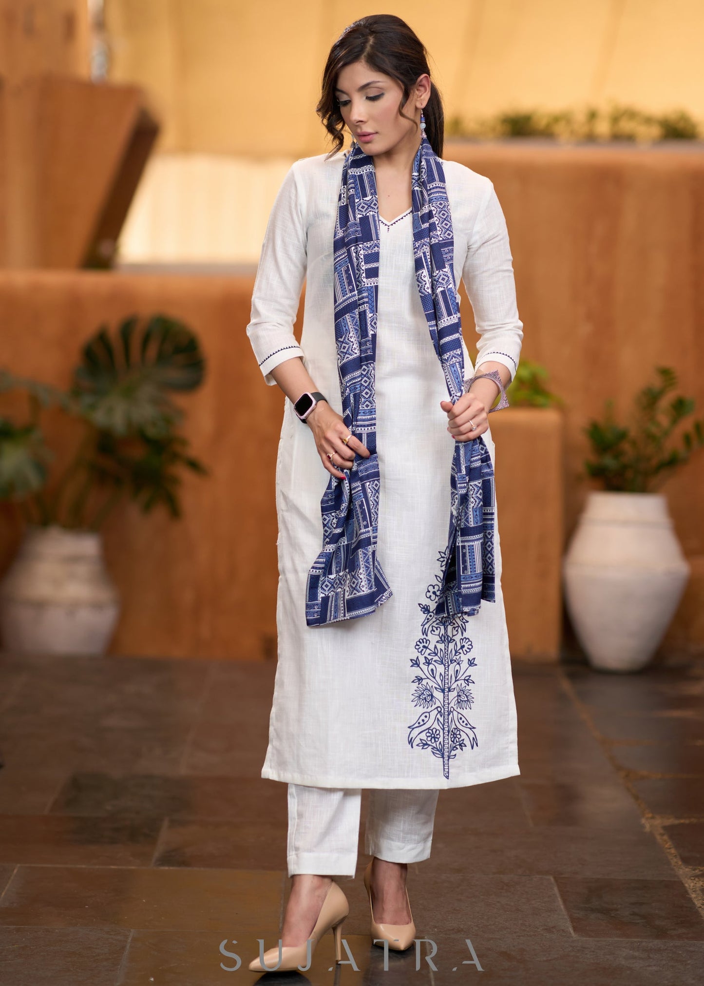 Classic White cotton side embroidered Kurta with pant Stole optional