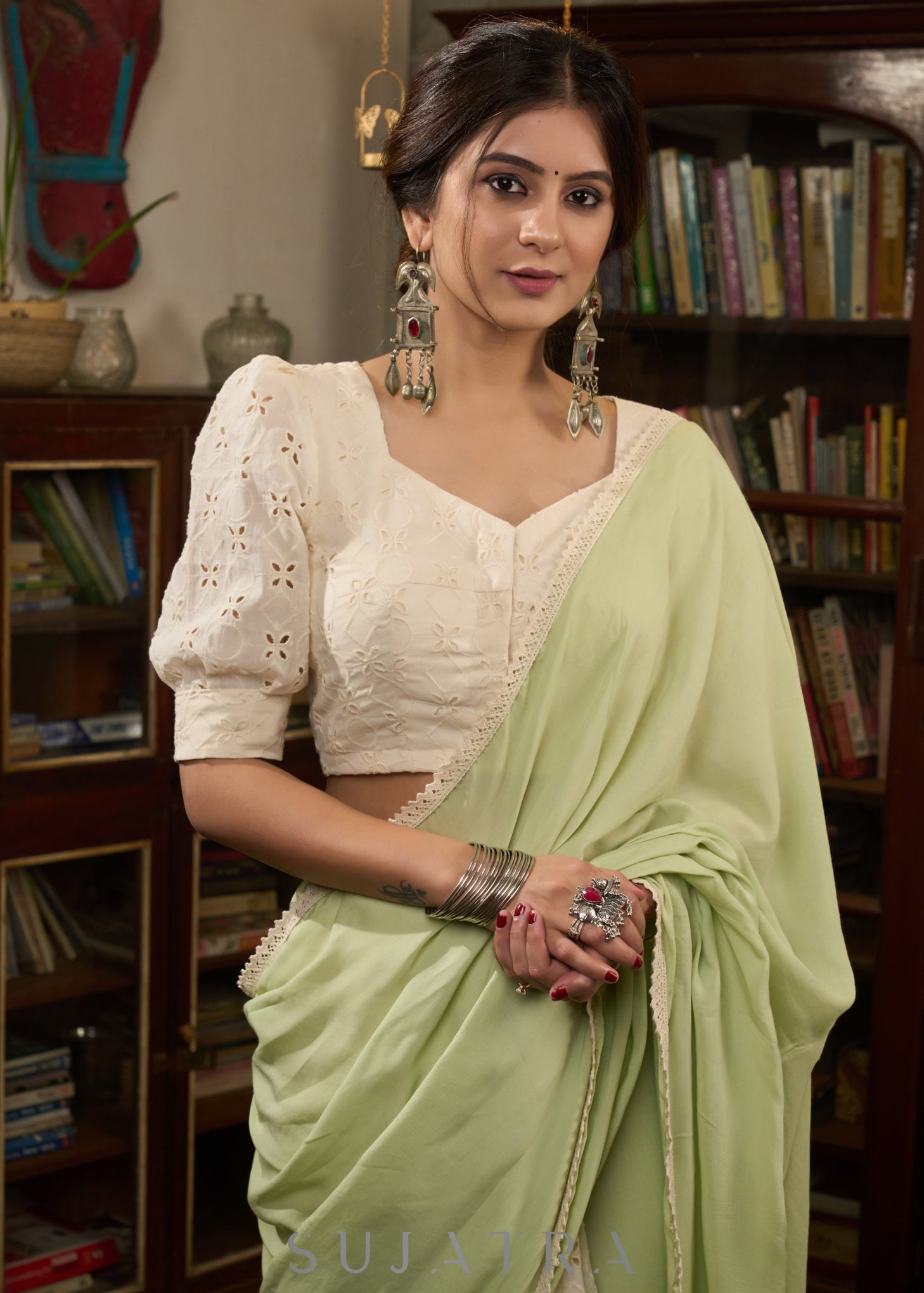 Elegant mint green modal cotton saree combined with hakoba and crochet lace