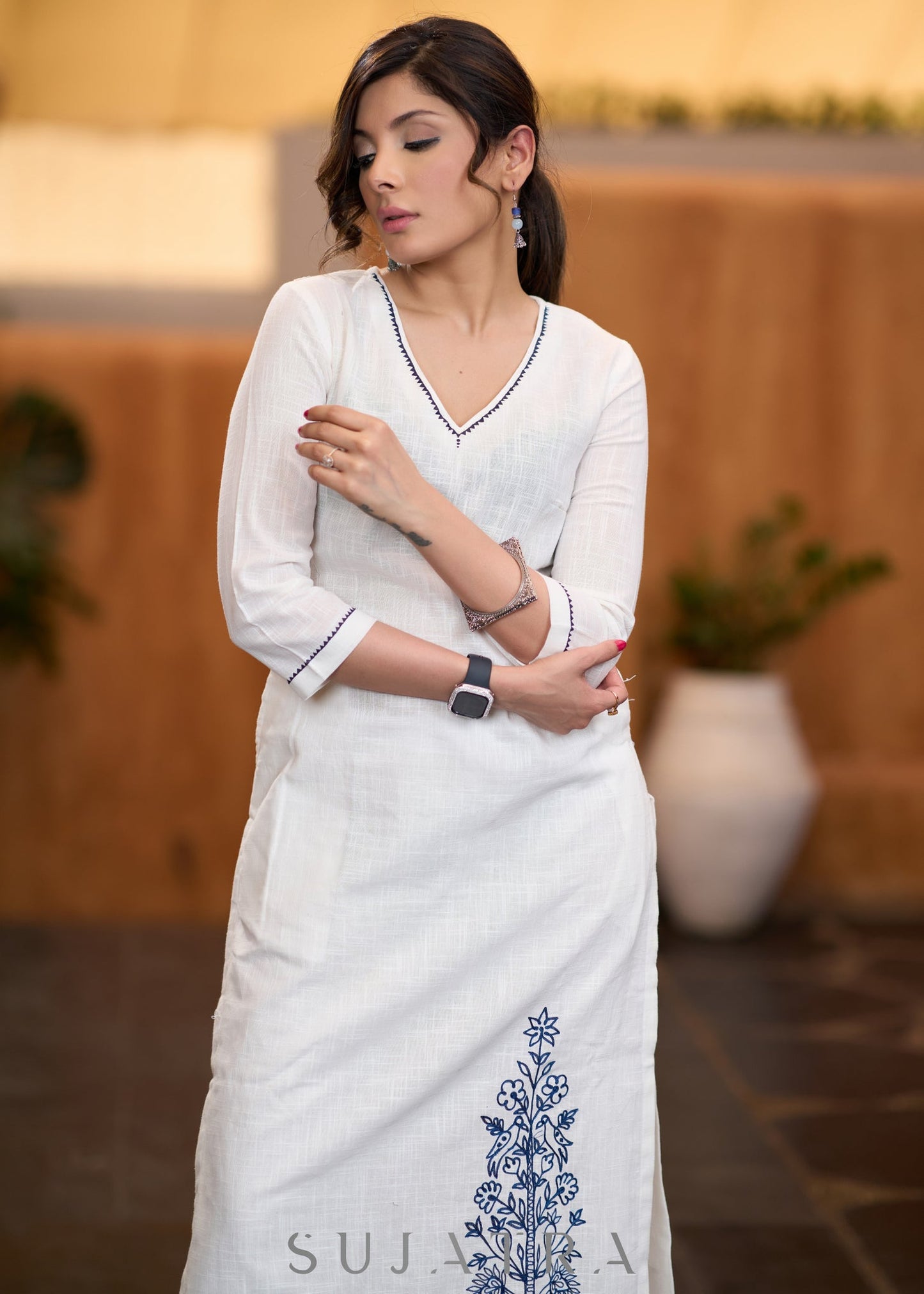 Classic White cotton side embroidered Kurta with pant Stole optional