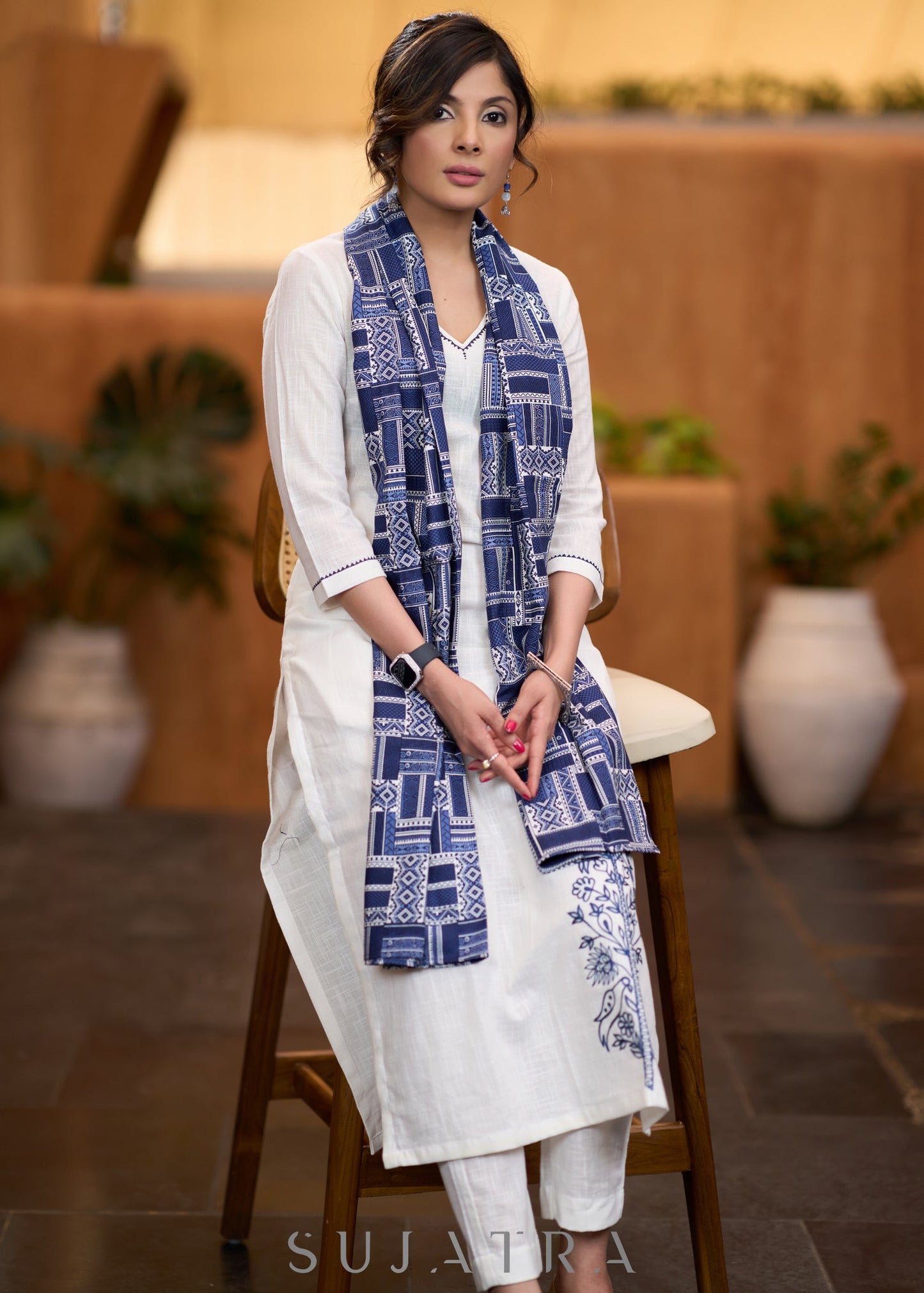 Classic White cotton side embroidered Kurta with pant Stole optional