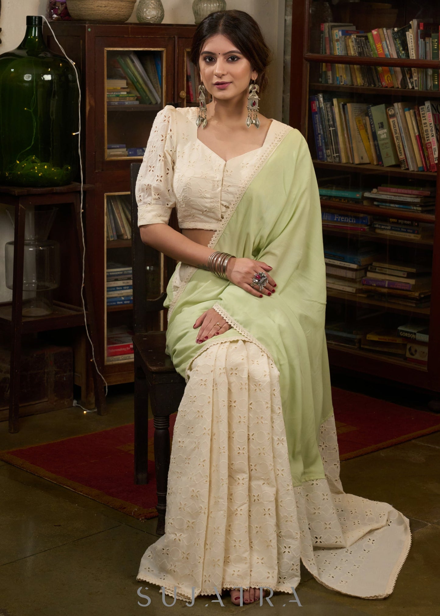 Elegant mint green modal cotton saree combined with hakoba and crochet lace