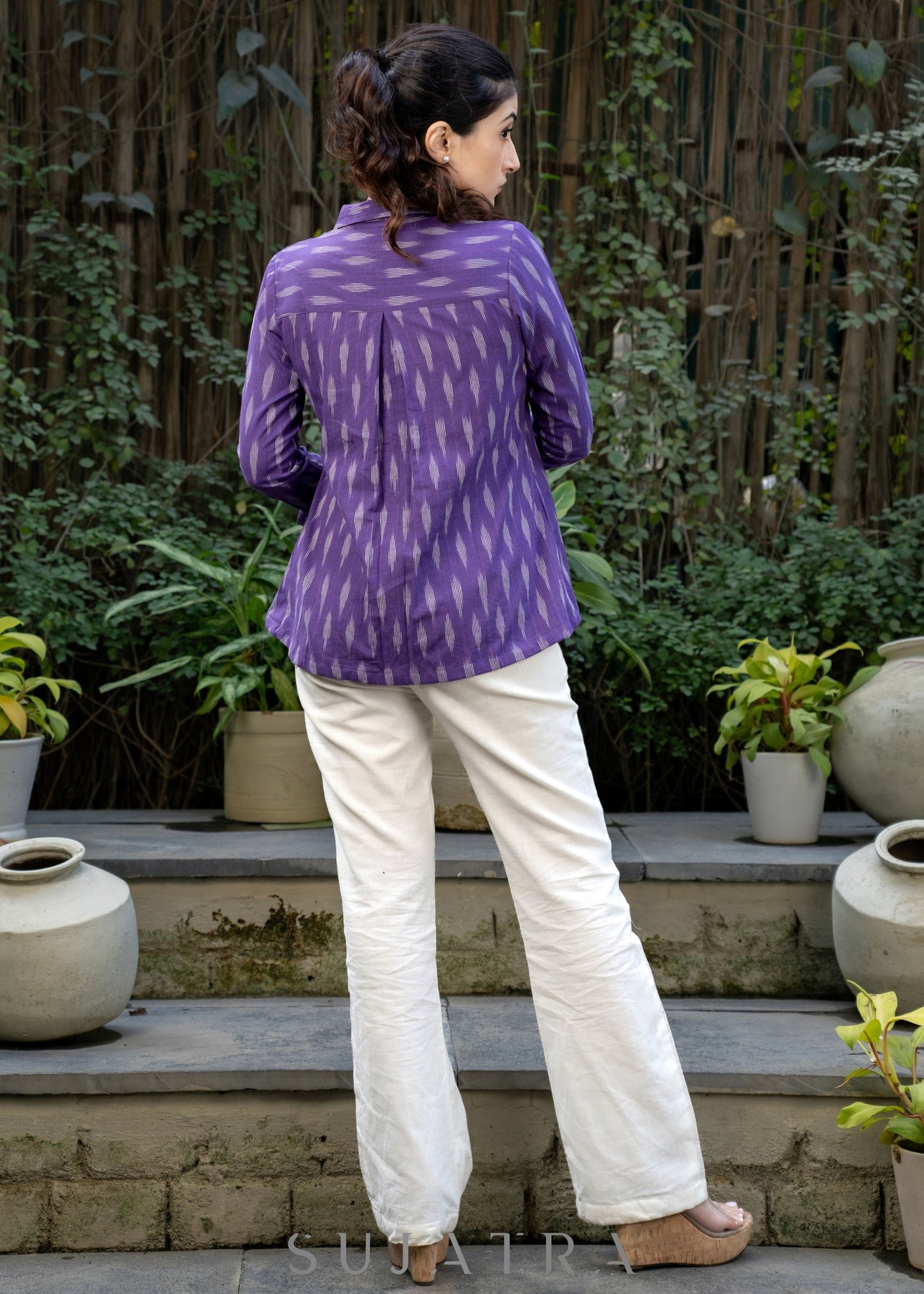 Elegant Violet Ikat Cotton Shirt Highlighted with Contrast Ivory Ikat