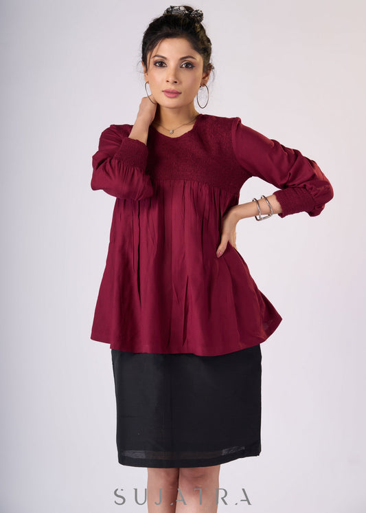 Trendy Maroon rayon top with smocking on yoke - Skirt Optional