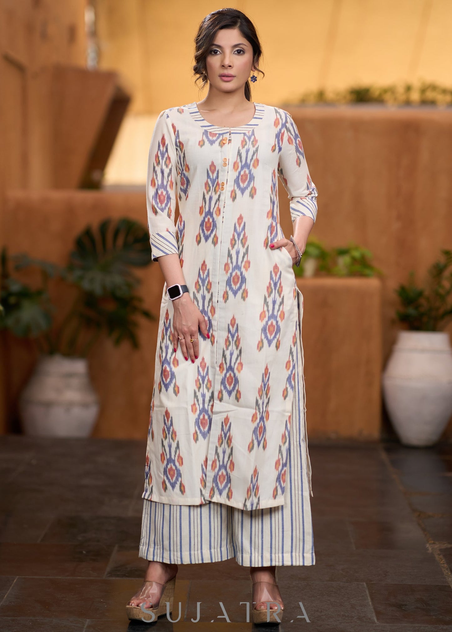 Trendy Off-white ikat front open style kurta Pant optional