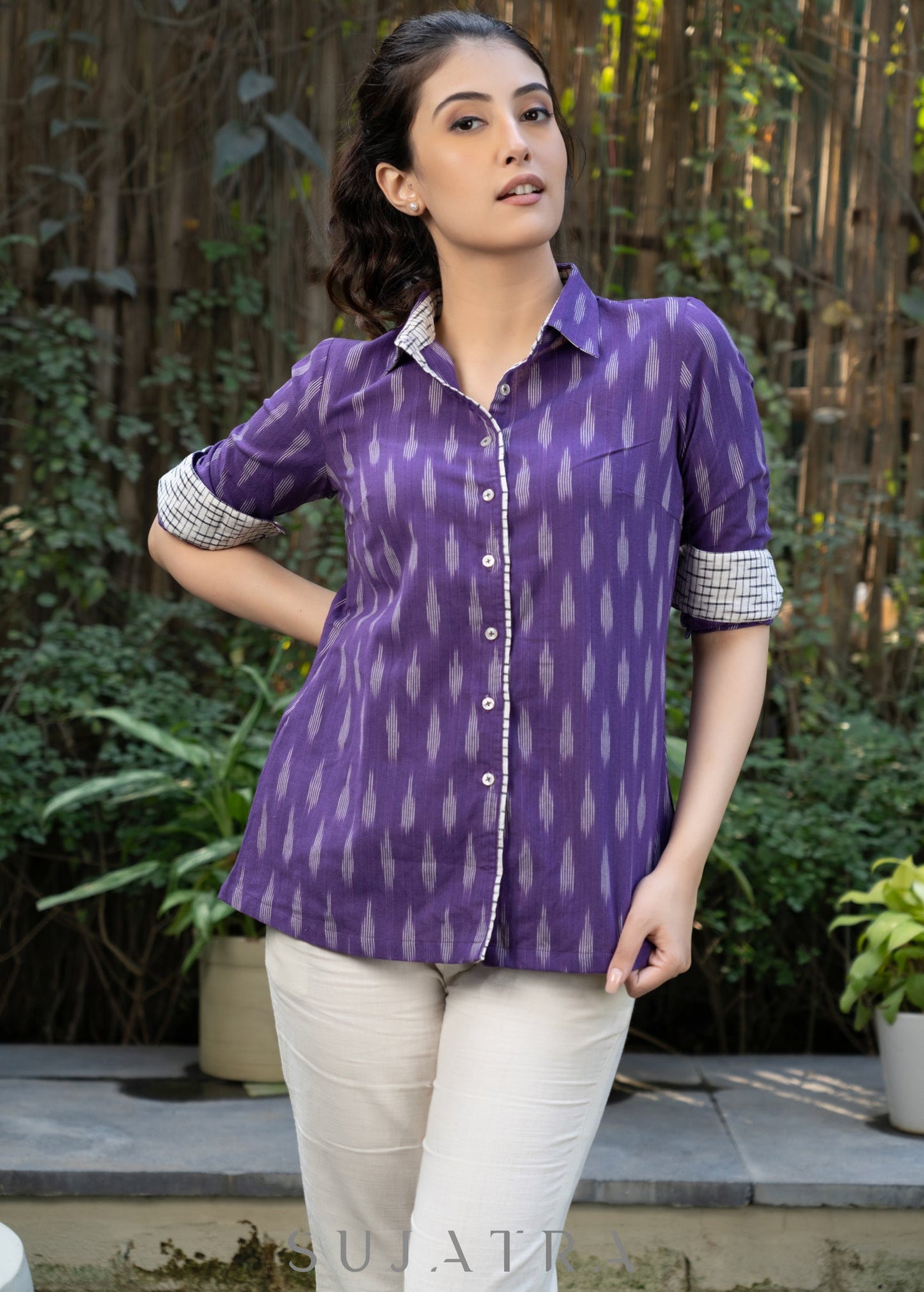 Elegant Violet Ikat Cotton Shirt Highlighted with Contrast Ivory Ikat