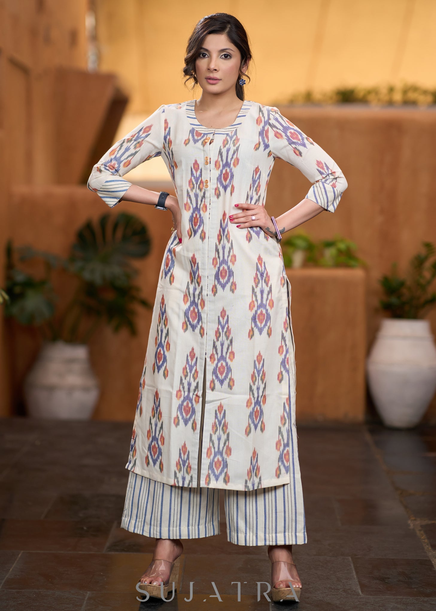 Trendy Off-white ikat front open style kurta Pant optional