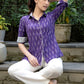 Elegant Violet Ikat Cotton Shirt Highlighted with Contrast Ivory Ikat