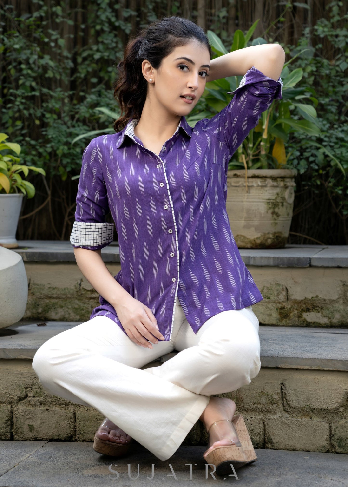 Elegant Violet Ikat Cotton Shirt Highlighted with Contrast Ivory Ikat