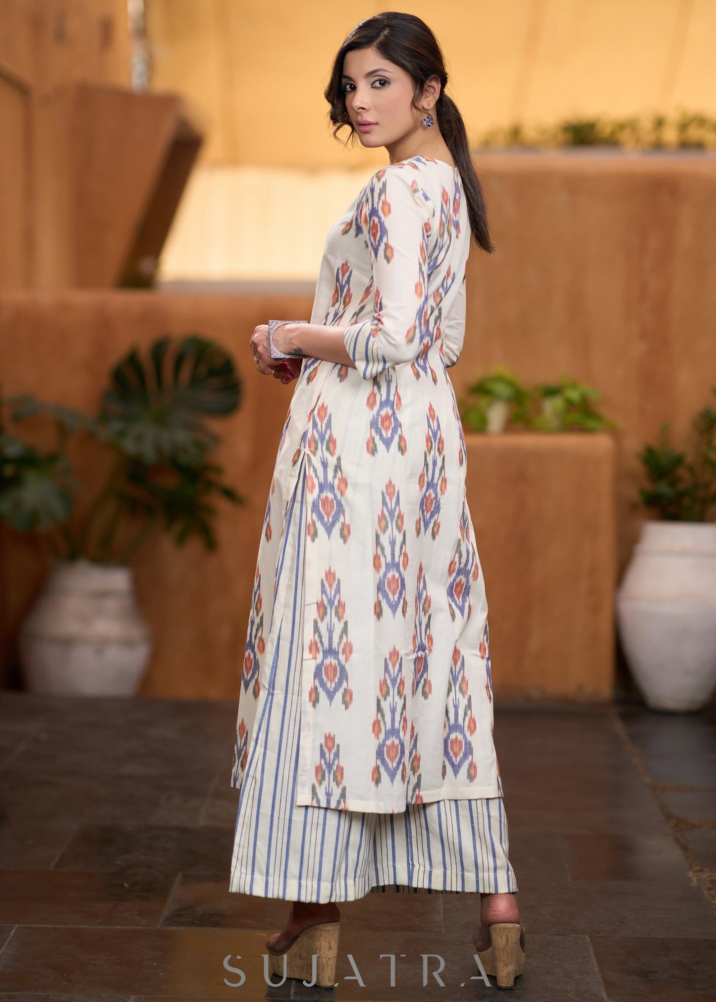 Trendy Off-white ikat front open style kurta Pant optional