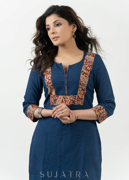 Exclusive Navy Blue Cotton Kalamkari Kurta - Palazzo Optional