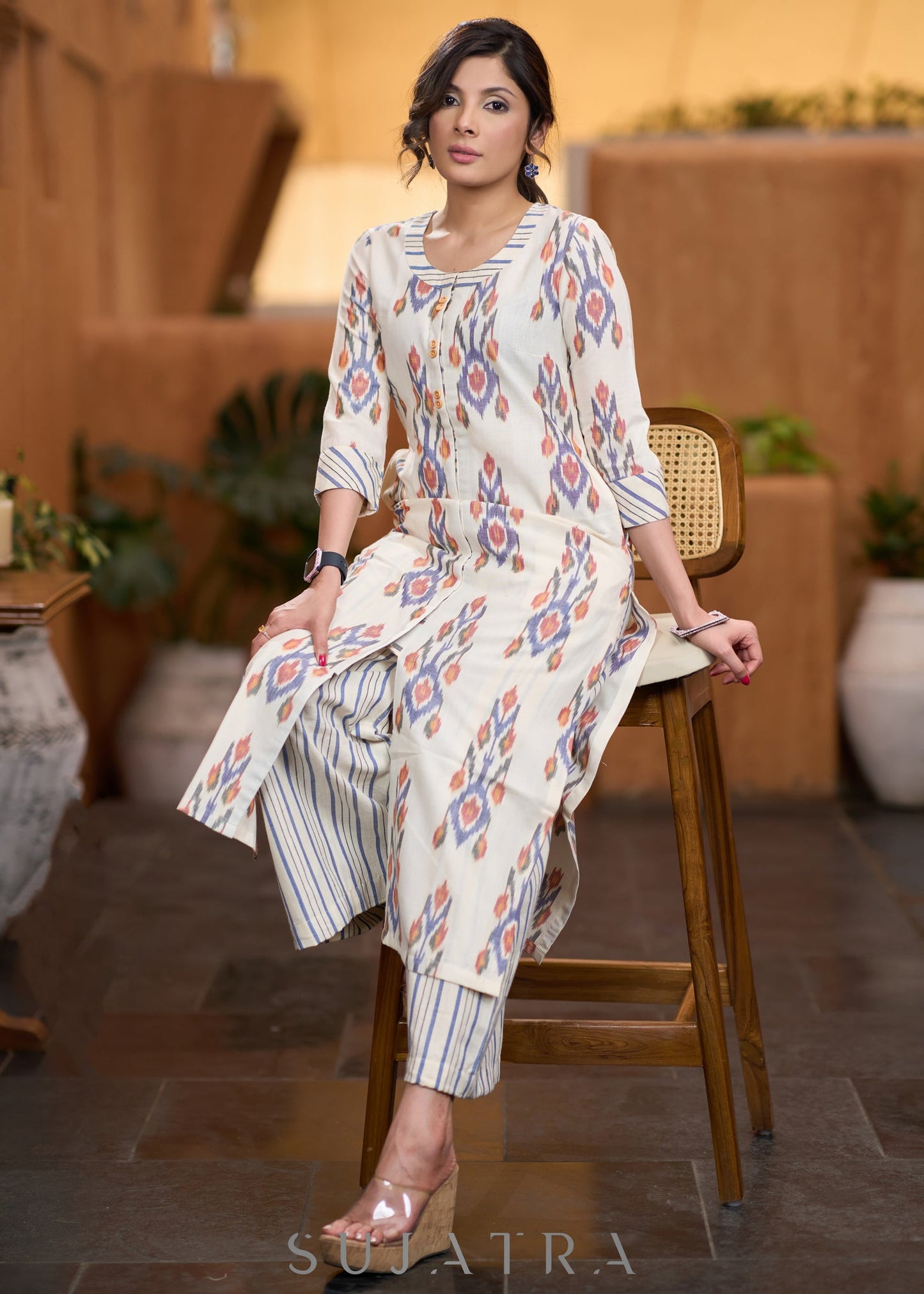 Trendy Off-white ikat front open style kurta Pant optional