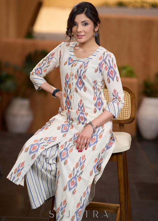 Trendy Off-white ikat front open style kurta Pant optional