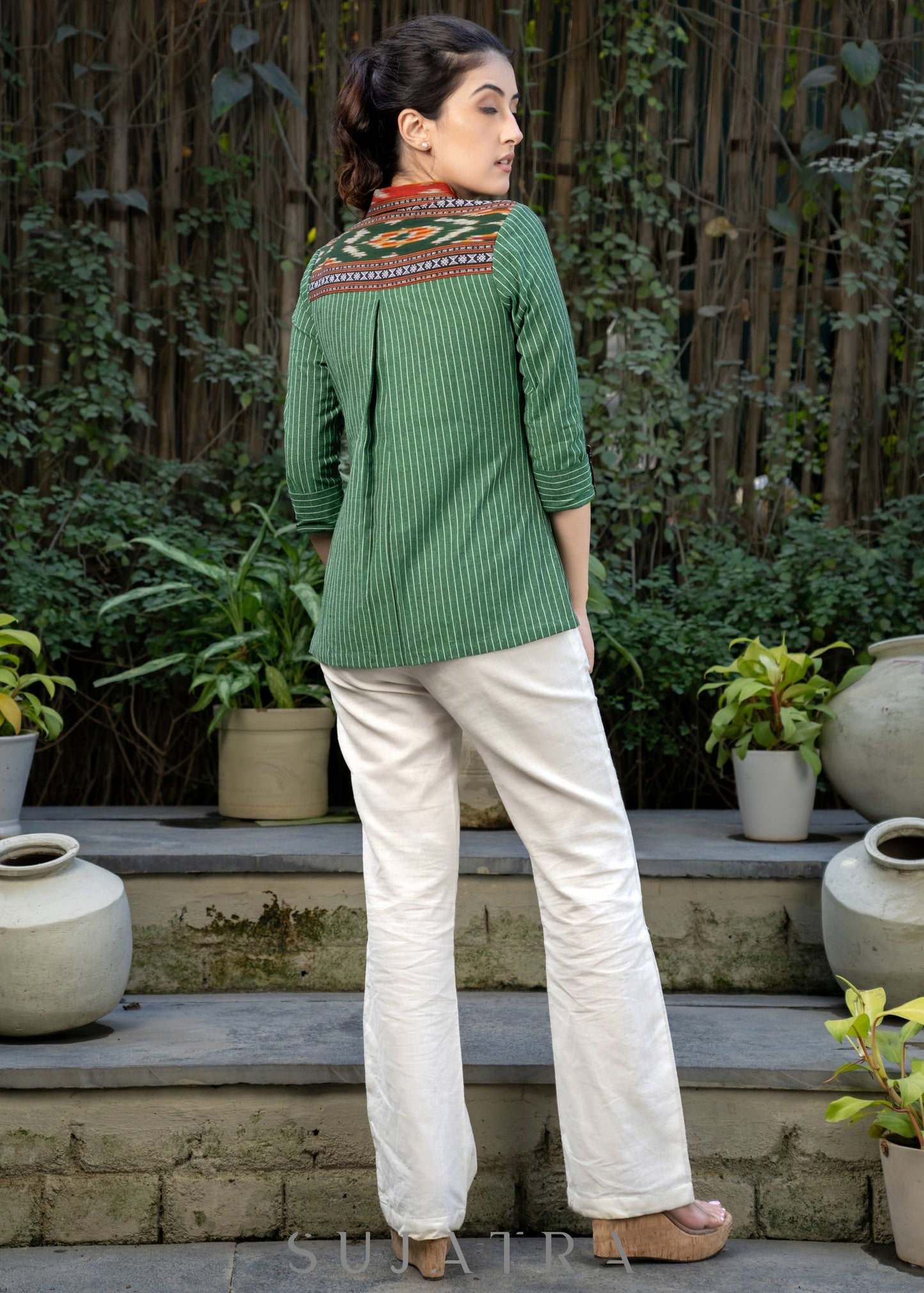 Exclusive Bottle Green Striped Ikat Shirt Highlighted with Contrast Ikat