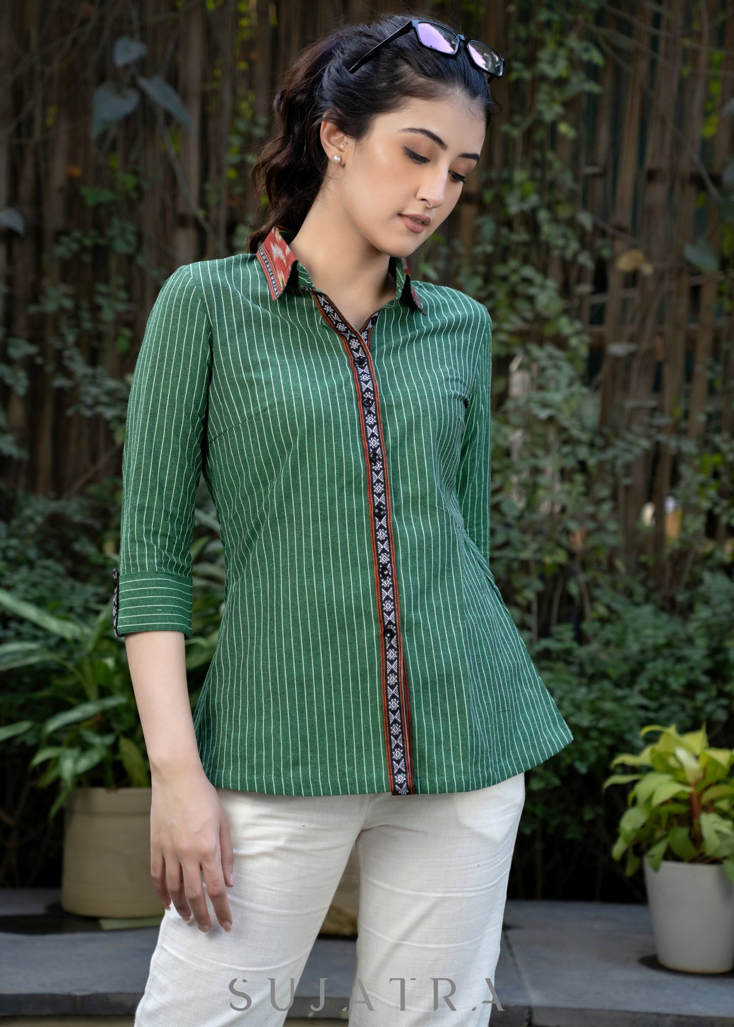 Exclusive Bottle Green Striped Ikat Shirt Highlighted with Contrast Ikat