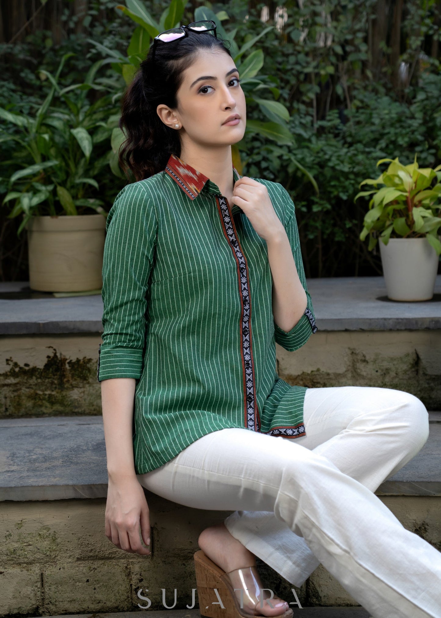 Exclusive Bottle Green Striped Ikat Shirt Highlighted with Contrast Ikat