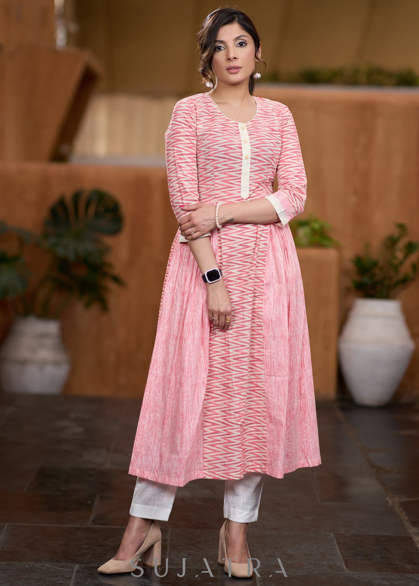 Delicate Pink ikat mix & match kurta with side gathers Pant optional