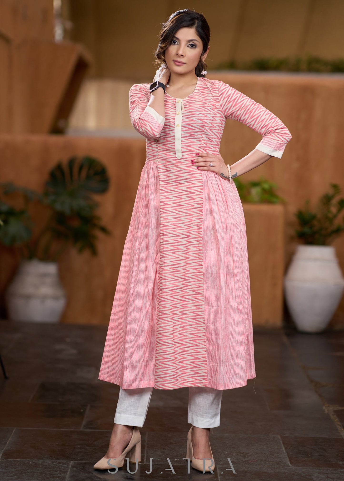 Delicate Pink ikat mix & match kurta with side gathers Pant optional