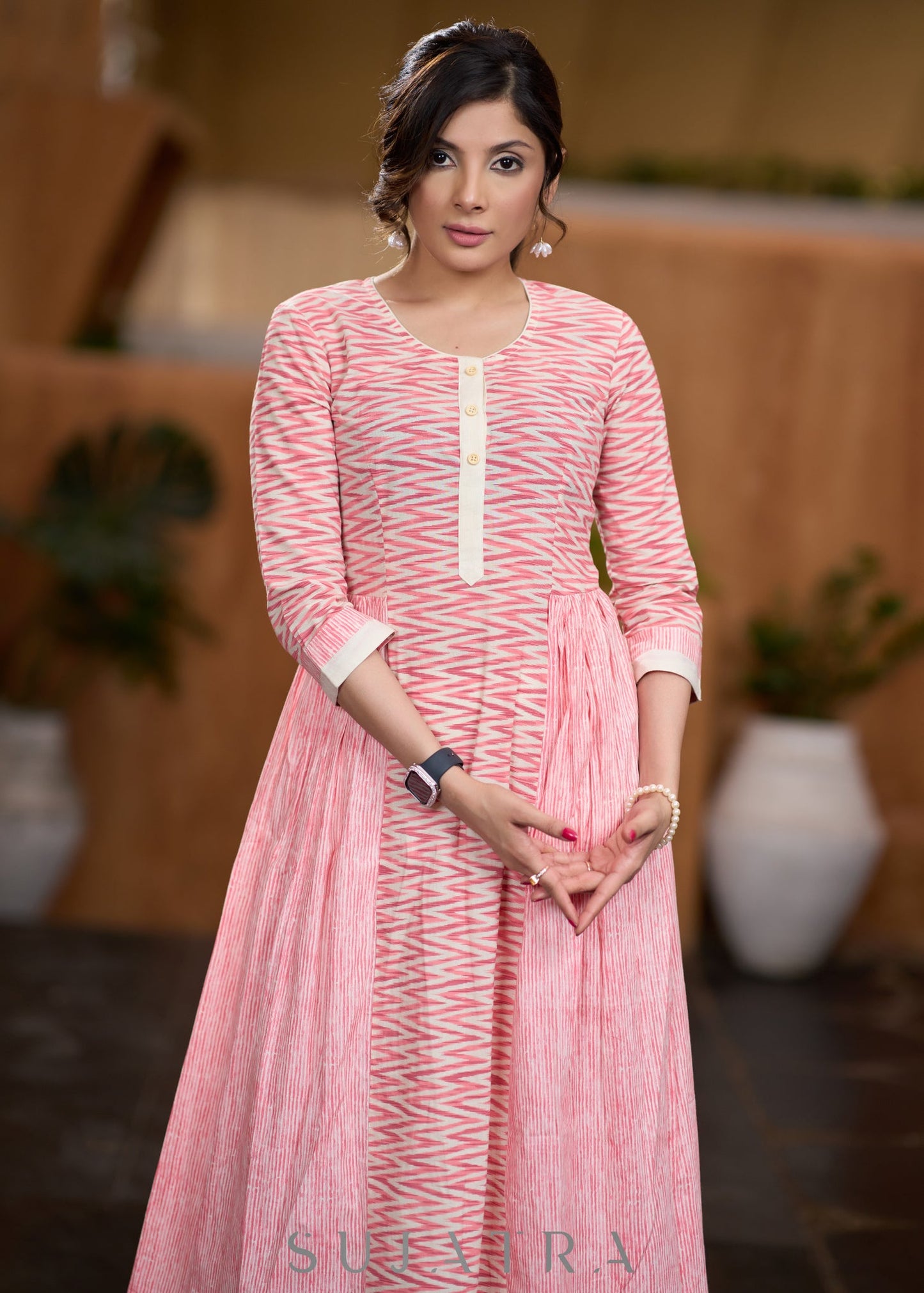 Delicate Pink ikat mix & match kurta with side gathers Pant optional