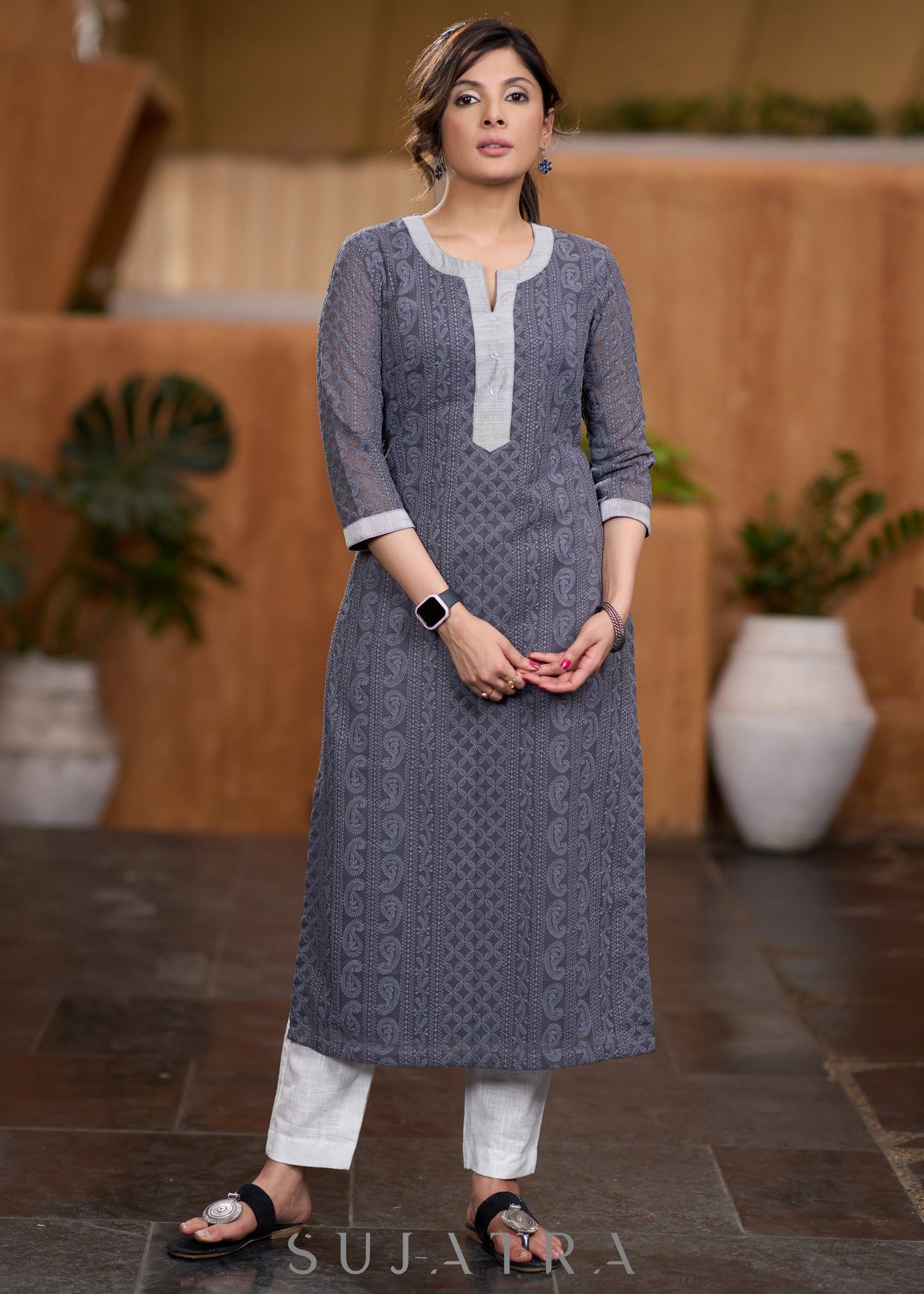 Flowy Grey chikankari kurta with contrast detaling Pant optional