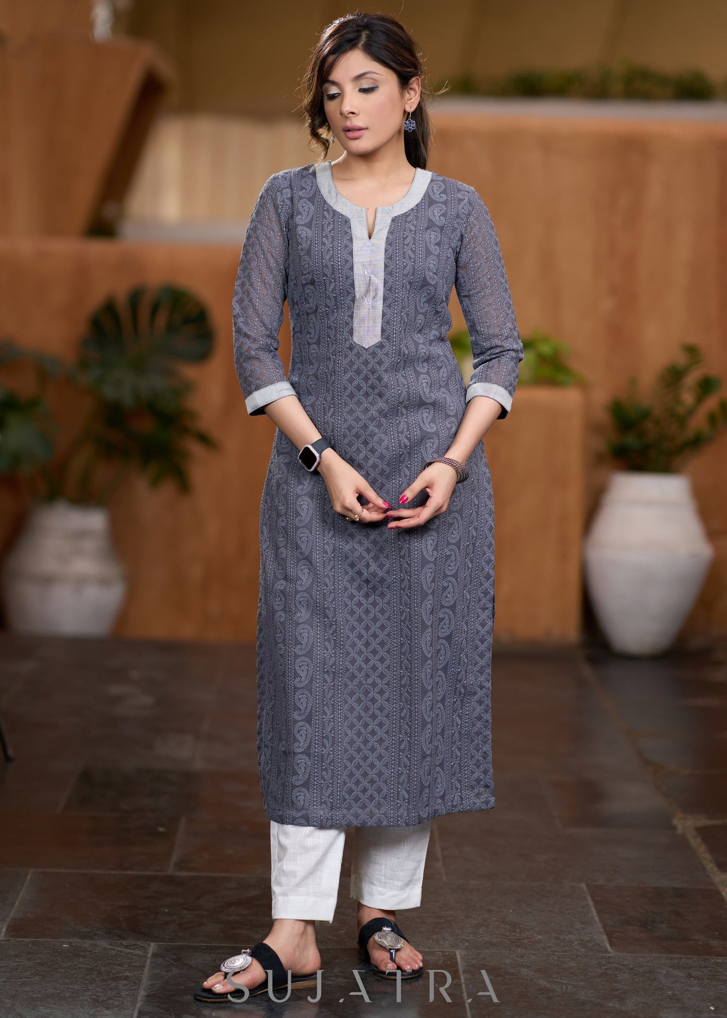 Flowy Grey chikankari kurta with contrast detaling Pant optional