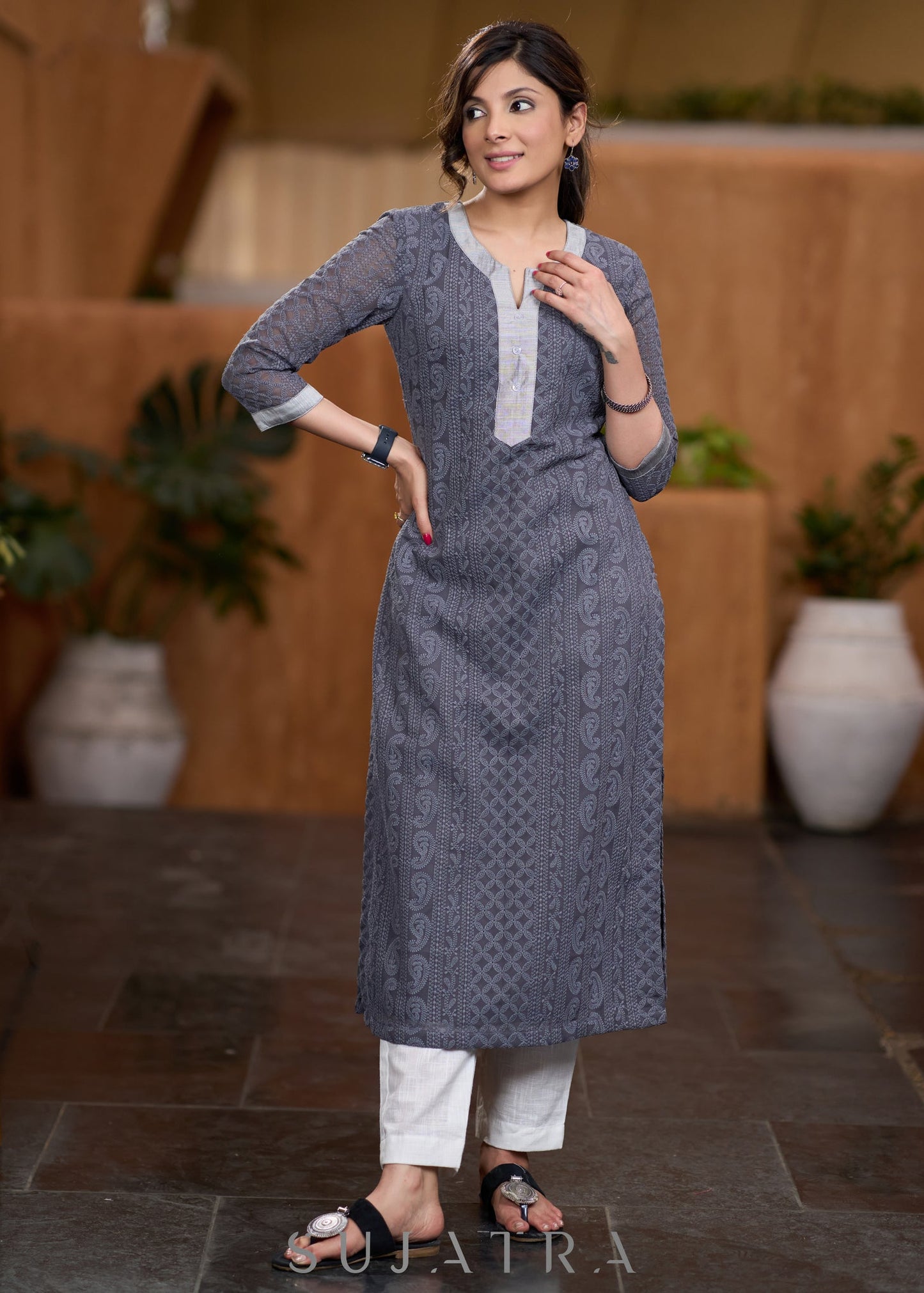 Flowy Grey chikankari kurta with contrast detaling Pant optional