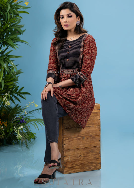 Exclusive maroon ajrakh cotton tunic with highlighted yoke