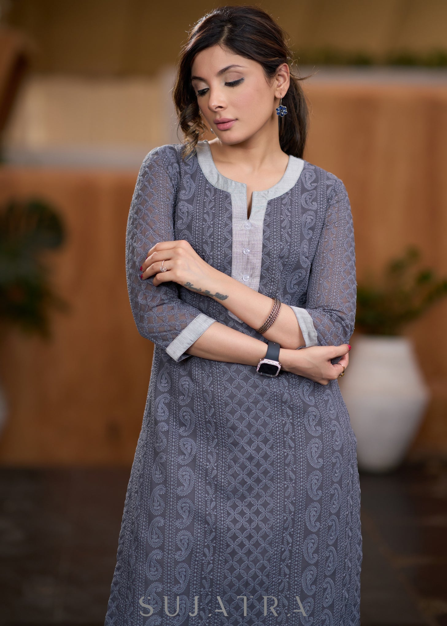 Flowy Grey chikankari kurta with contrast detaling Pant optional