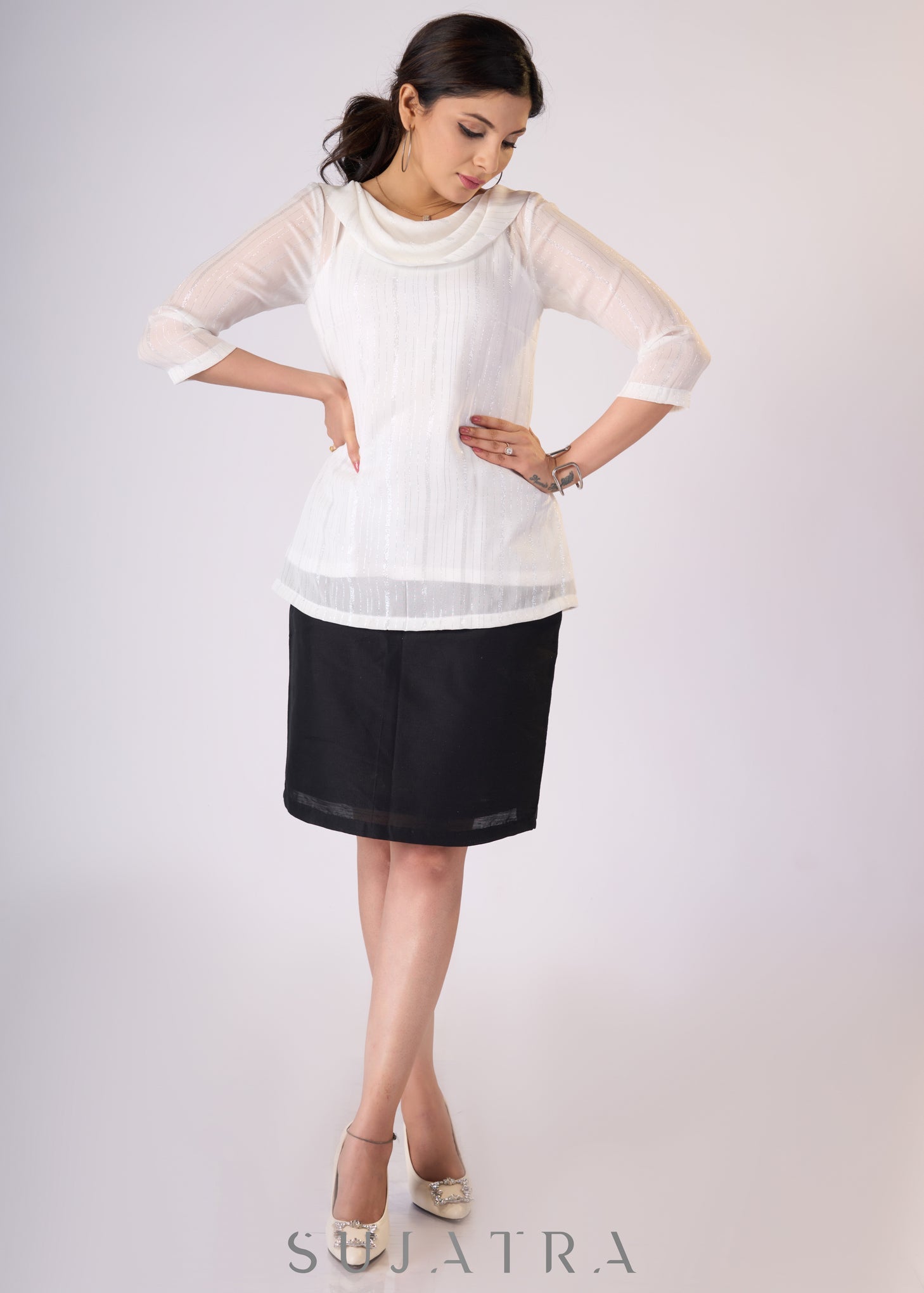 Exclusive White shimmer top with cowl collar & Slip - Skirt additional