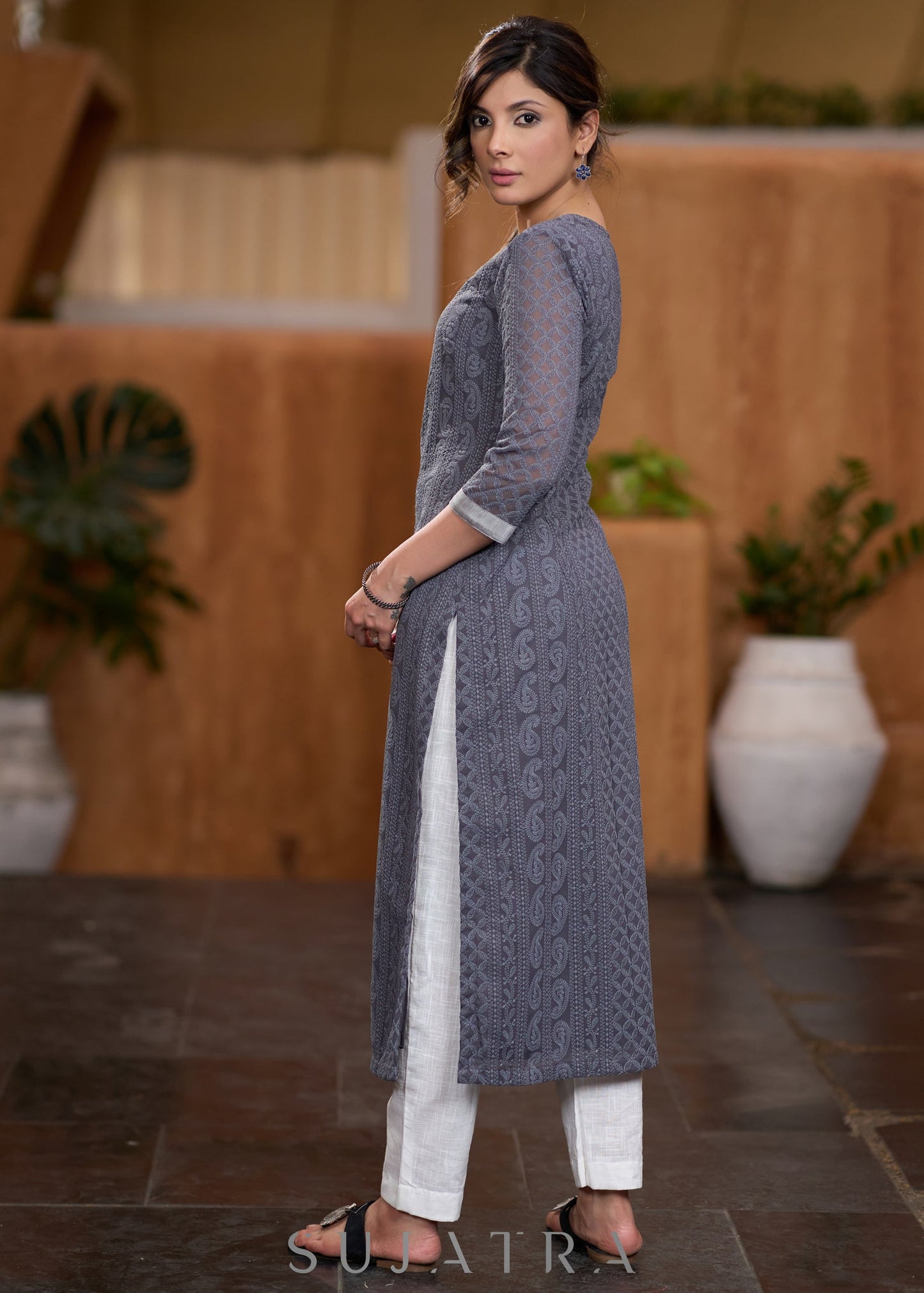 Flowy Grey chikankari kurta with contrast detaling Pant optional