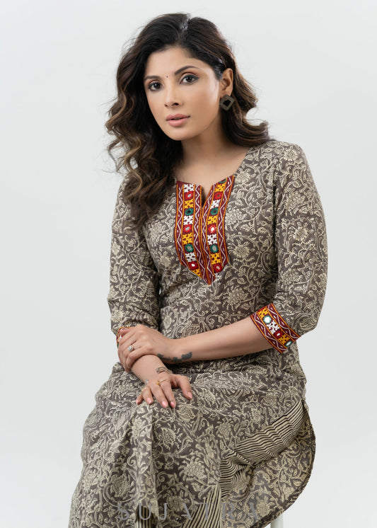 Trendy Grey Cotton Block Print Kurta With Kutch Mirror Work - Pant Optional