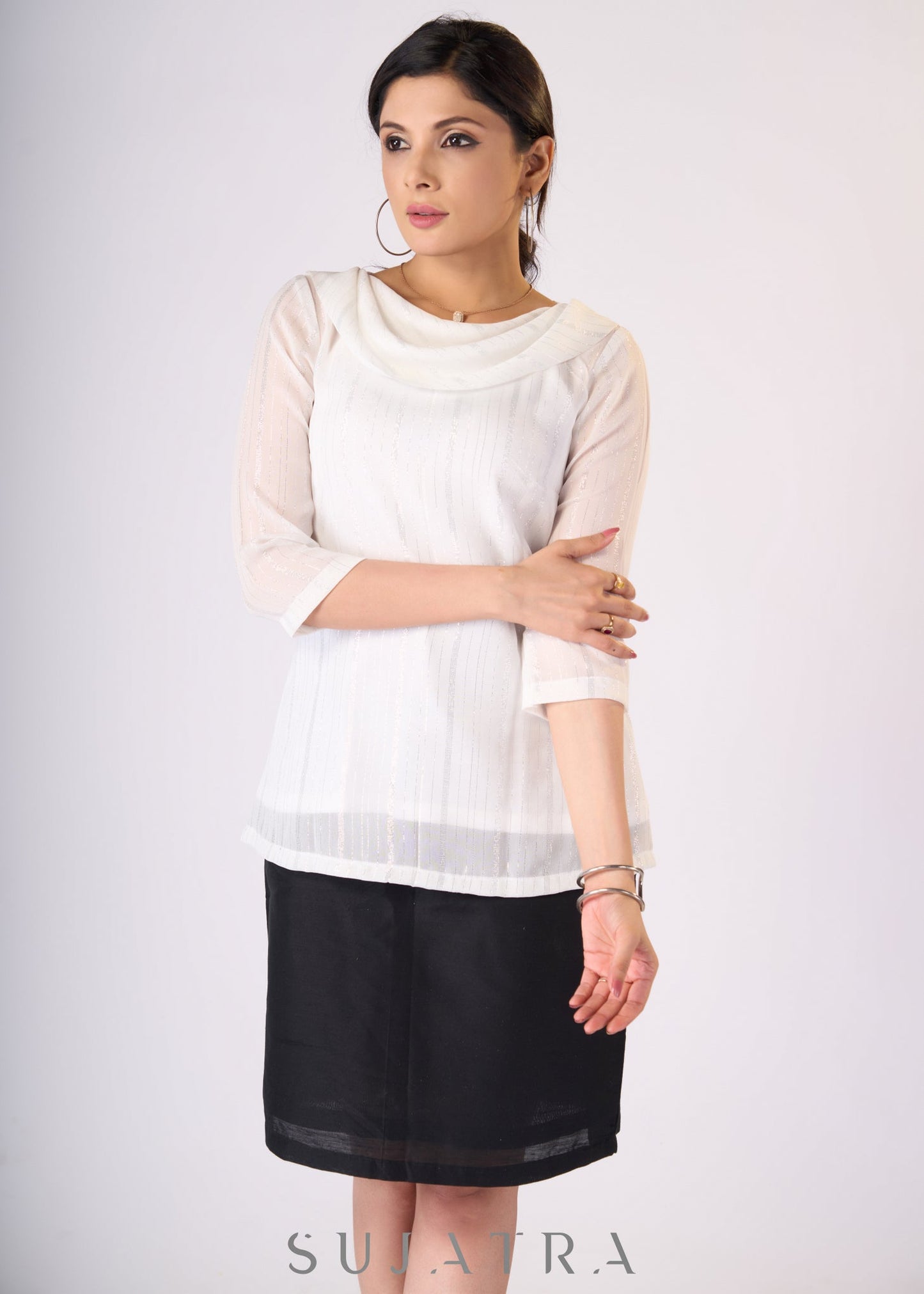 Exclusive White shimmer top with cowl collar & Slip - Skirt additional