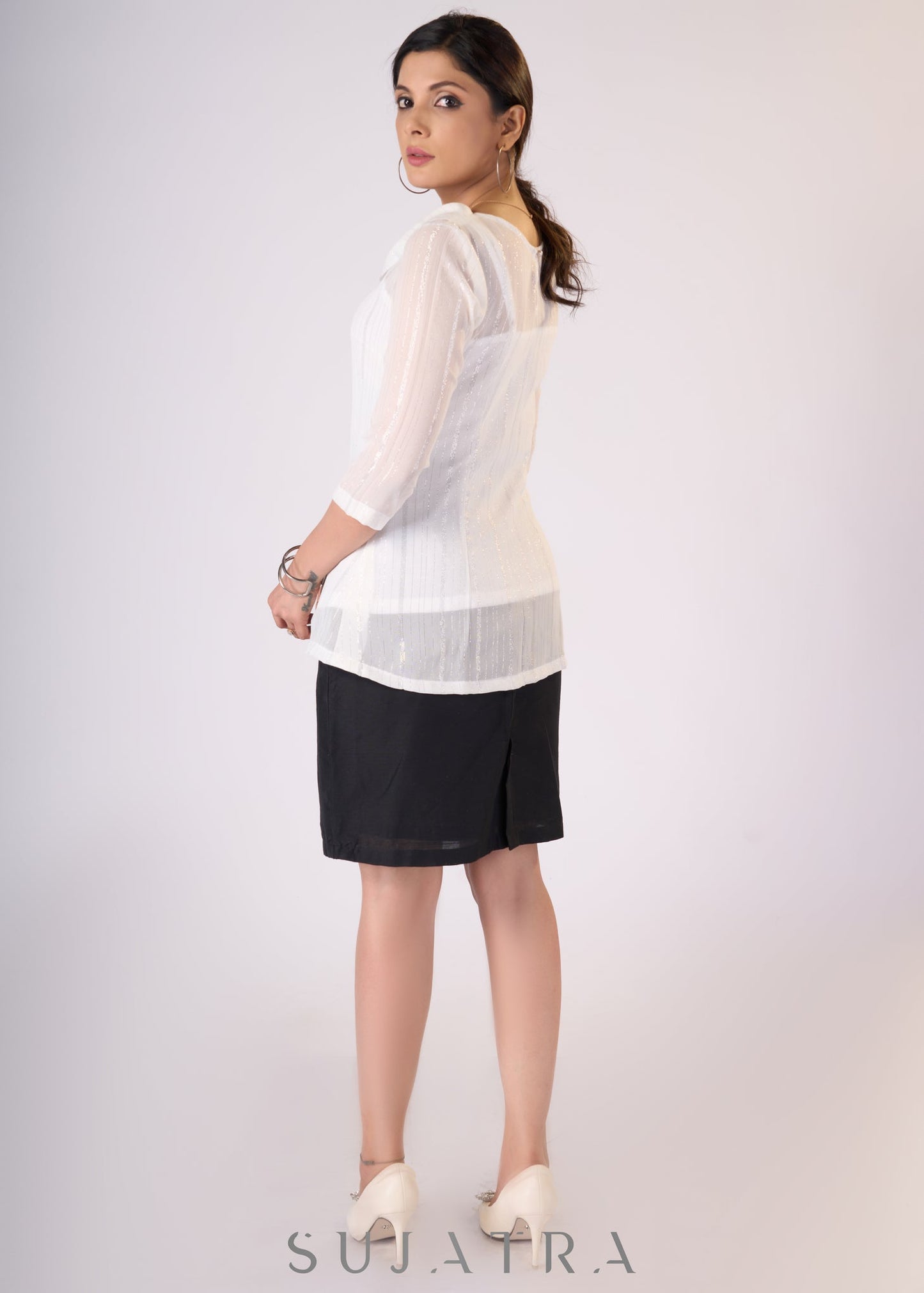 Exclusive White shimmer top with cowl collar & Slip - Skirt additional