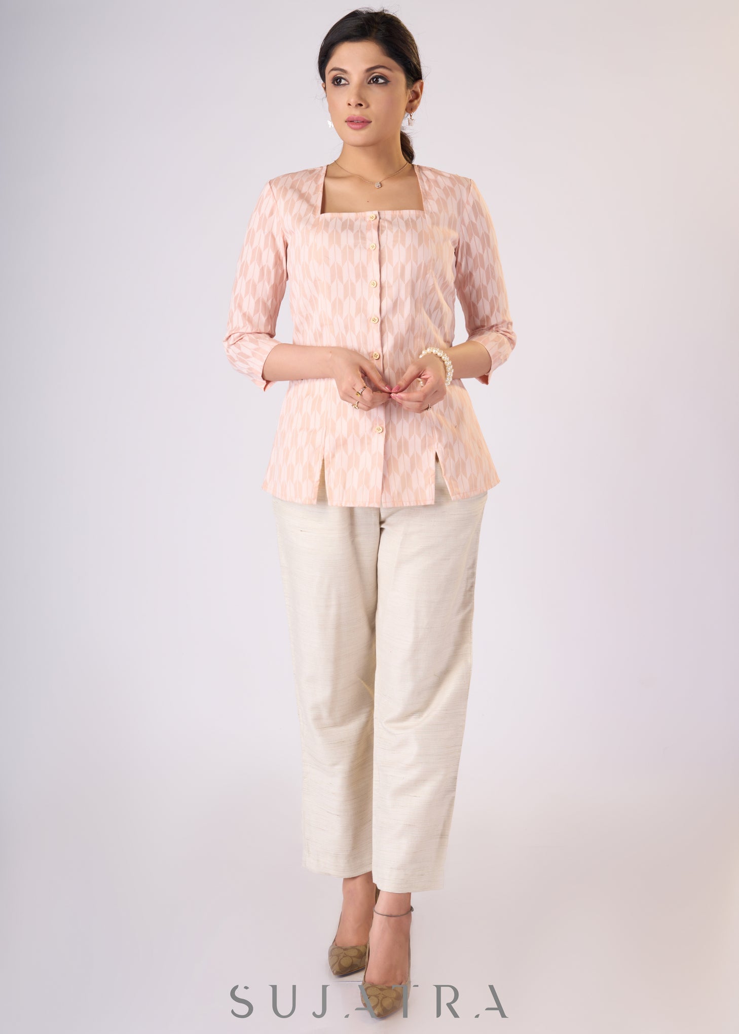 Classy Peach cotton sqaure neck top - Pant additional