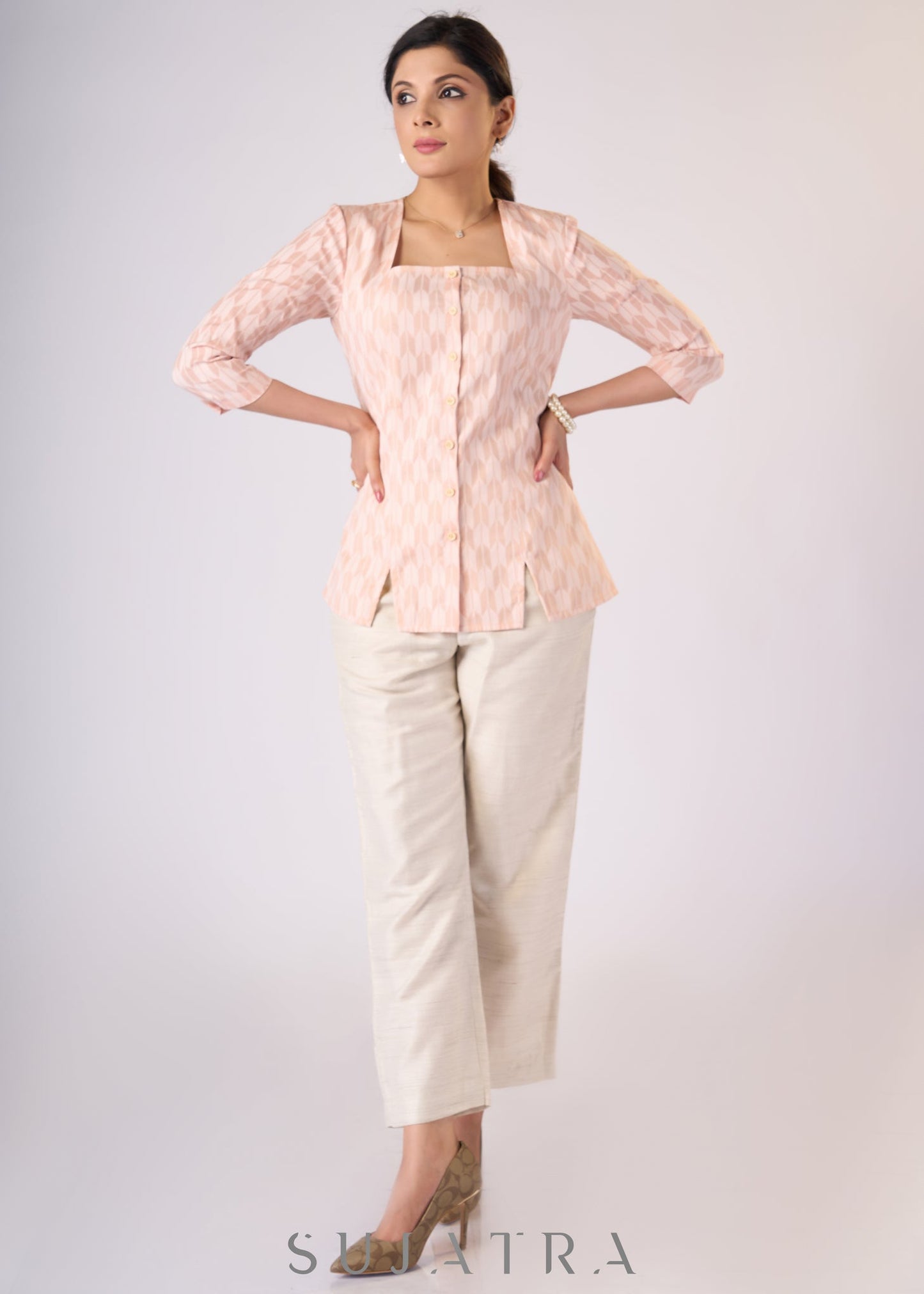 Classy Peach cotton sqaure neck top - Pant additional