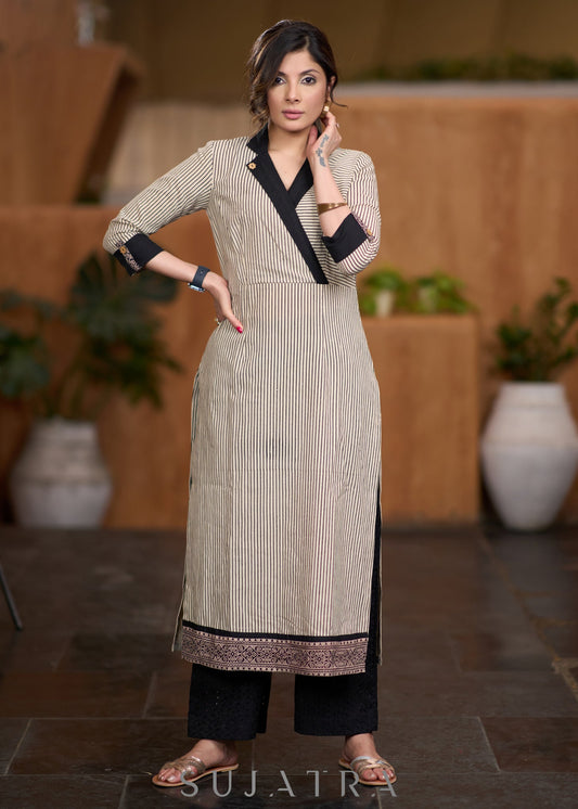 Classy Beige striped cotton kurta with black collar - Pant optional