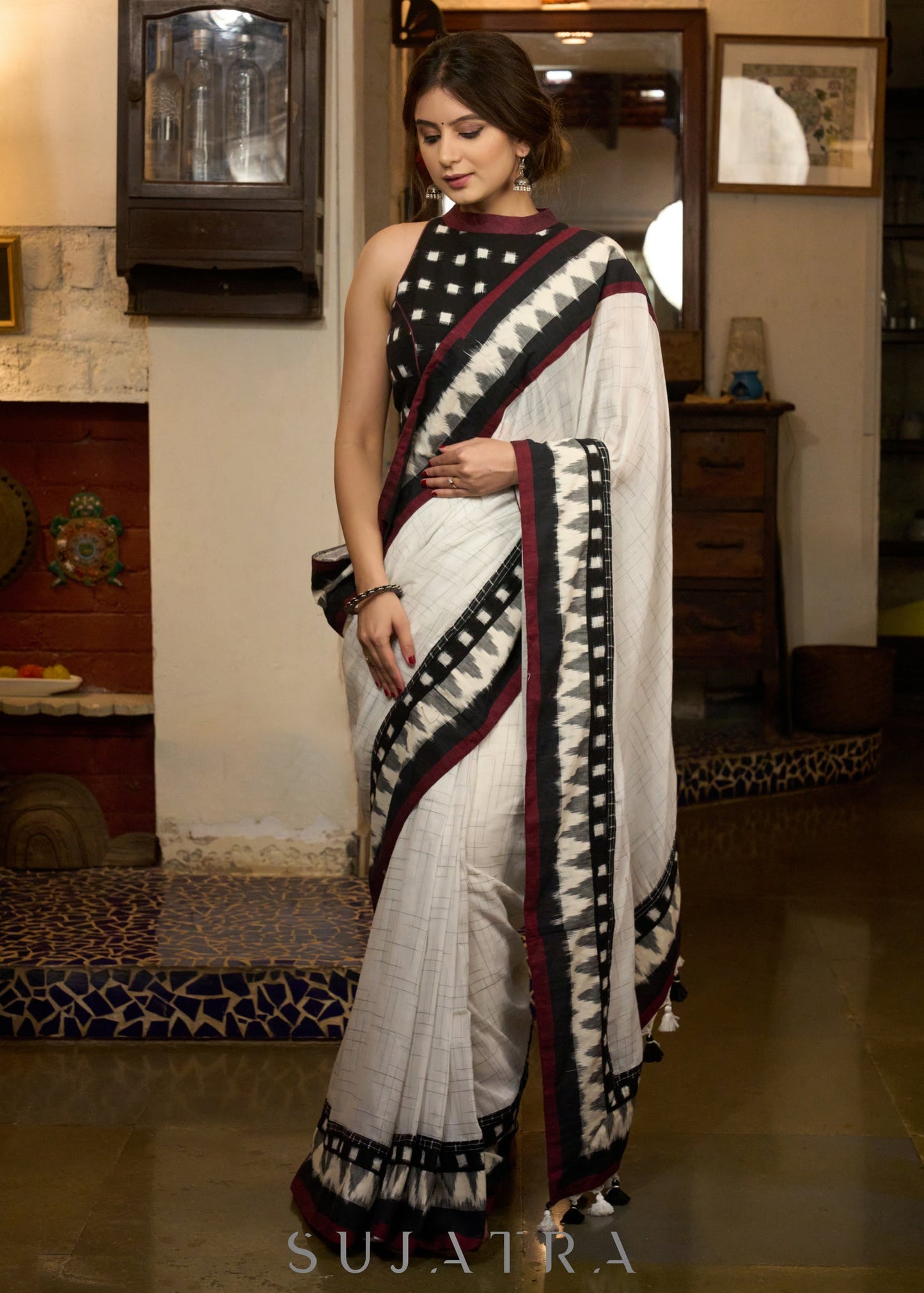 Stylish white cotton saree with ikat combination